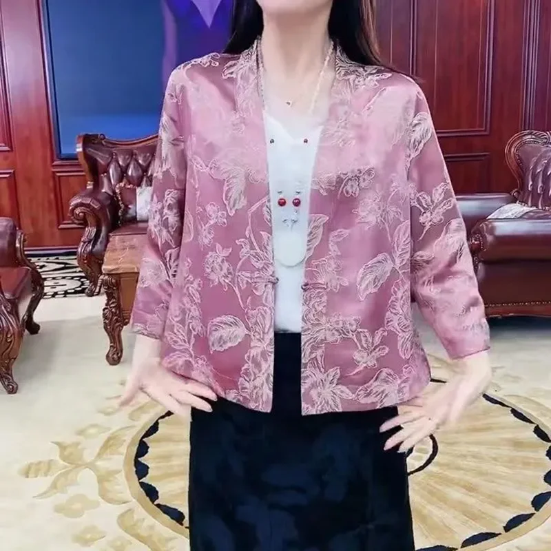 

Chic Satin Cardigan Jacket Women's Outwear Spring Autumn New Fashion Button Loose Printed One Button Chinese Style Jacket Top