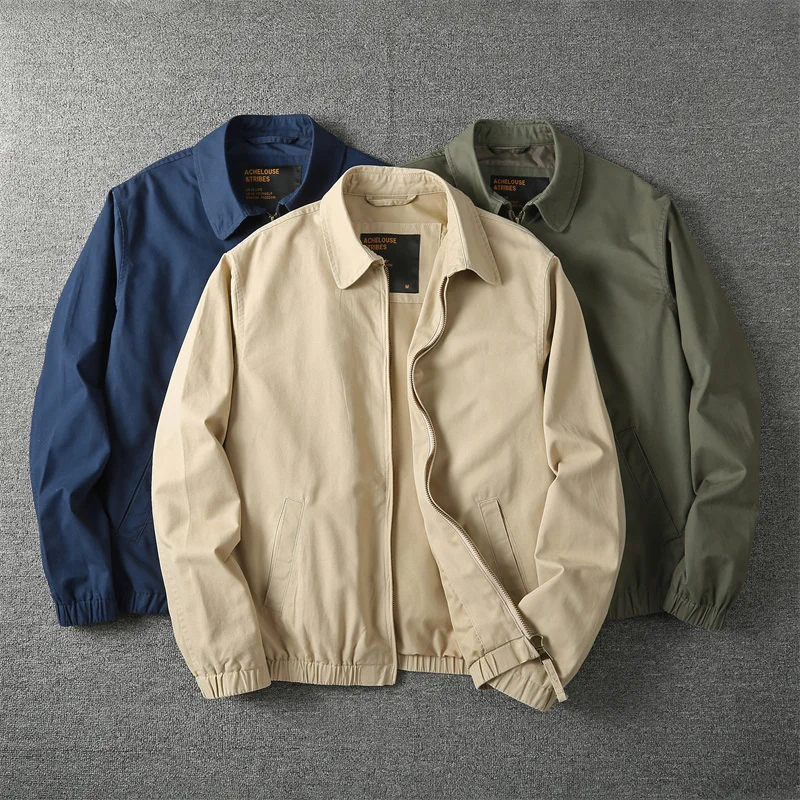 

Loose Casual American Retro Men's Workwear Jaet Stand Collar Spring Autumn Wear Resistant Pure Color Zipper Closure Coat