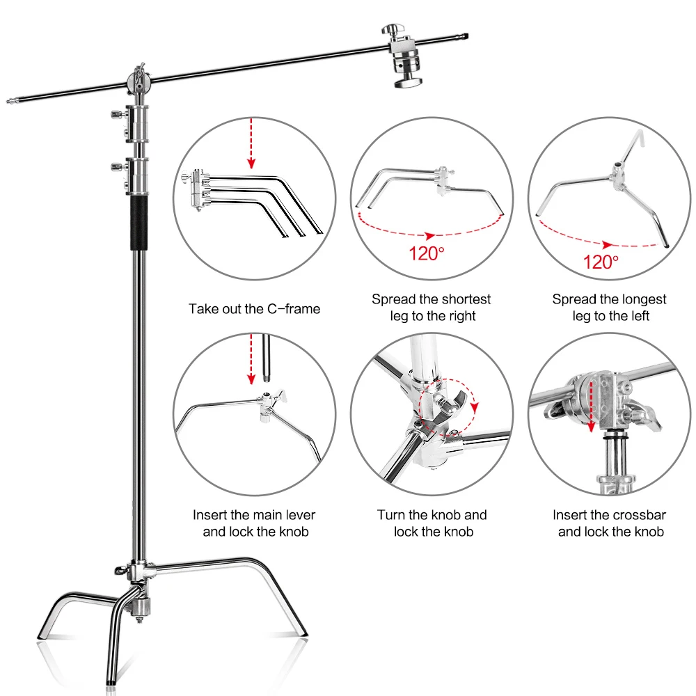 SH Hochleistungs-C-Ständer aus Edelstahl mit Galgenarm, maximale Höhe 260 cm, Fotografie-Lichtständer mit 107 cm Haltearm und 2 Griffköpfen