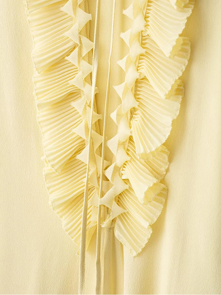 TFMLN 여성 프릴 레이스 업 셔츠 스커트 세트 캐주얼 패션 느슨한 긴 소매 V 넥 여름 블라우스 미디 스커트 레이디 홀리데이 슈트