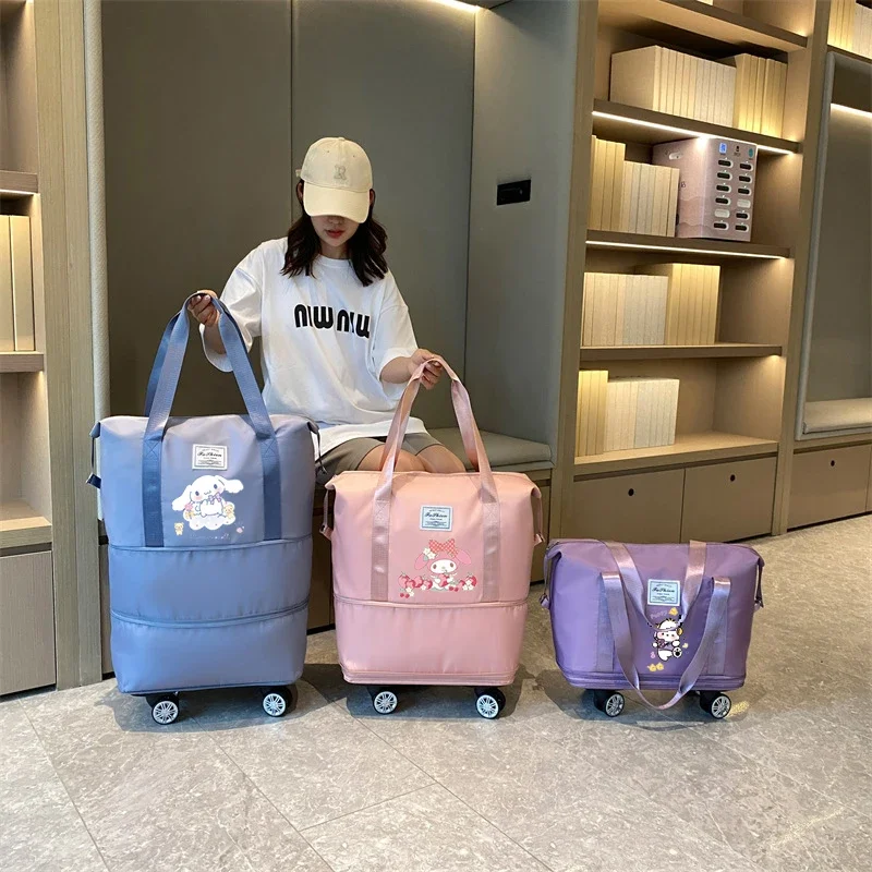 Sanrio Kuromi Anime Duffel Cartoon Cinnamoroll Wheeled Portable Travel Storage Bag Cute Pachacco Large Capacity Tote Kawaii Gift