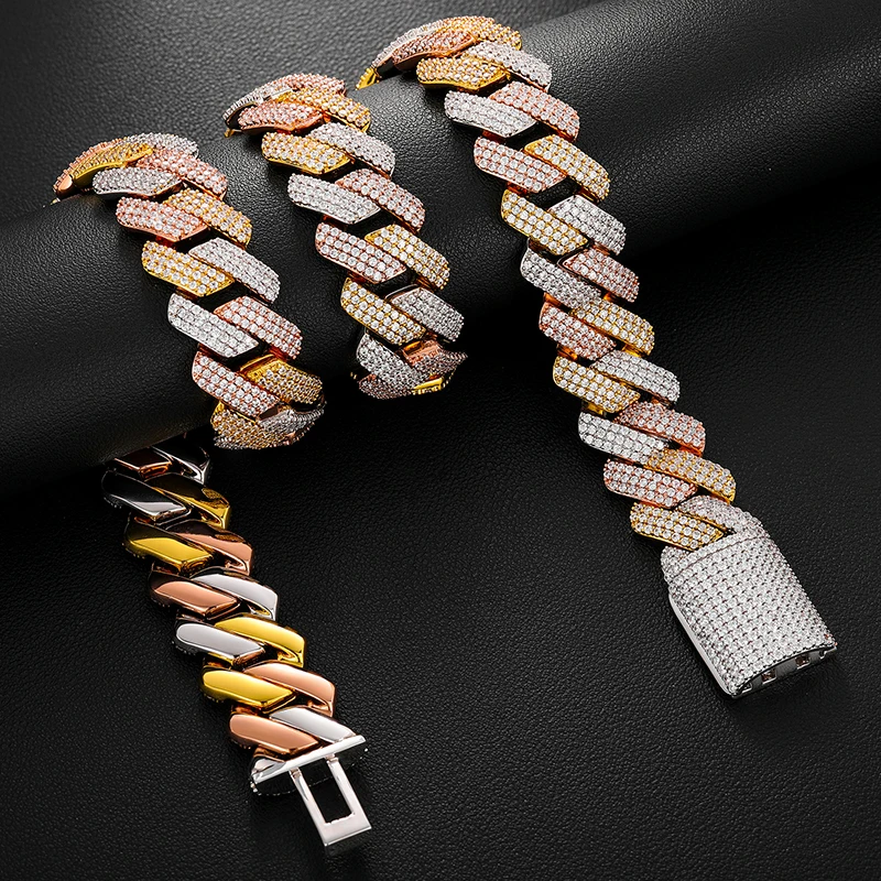 Hip Heavy Hop Jewelry 19mm 3 Tones 925 Sterling Silver VVS Moissanite Iced Out Miami Cuban Link Chain Necklace for Men.