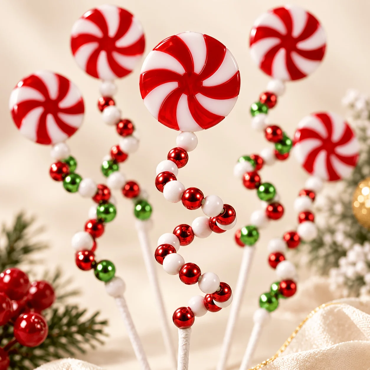 Christmas Lollipop-Style Decorative Pick – Red and White Spiral Beaded Stem; Candy-Land-Themed Artificial Floral Pick Suitable f