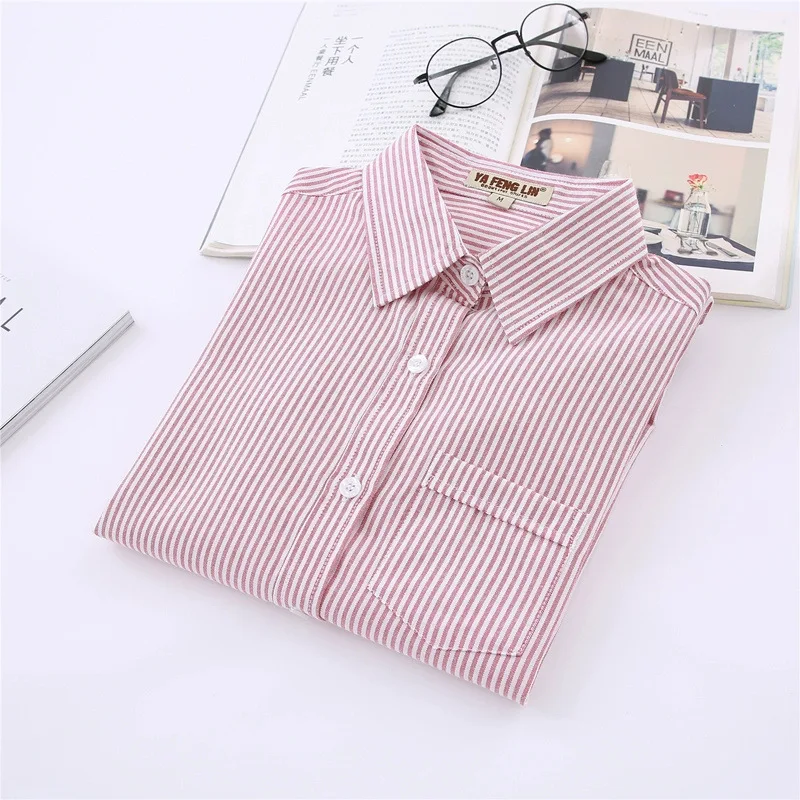 Blue Red White Striped Casual Shirt For Women 2024 New Fine Cotton Ladies Long Sleeve Blouses&Tops Simple Fresh Lady Clothes