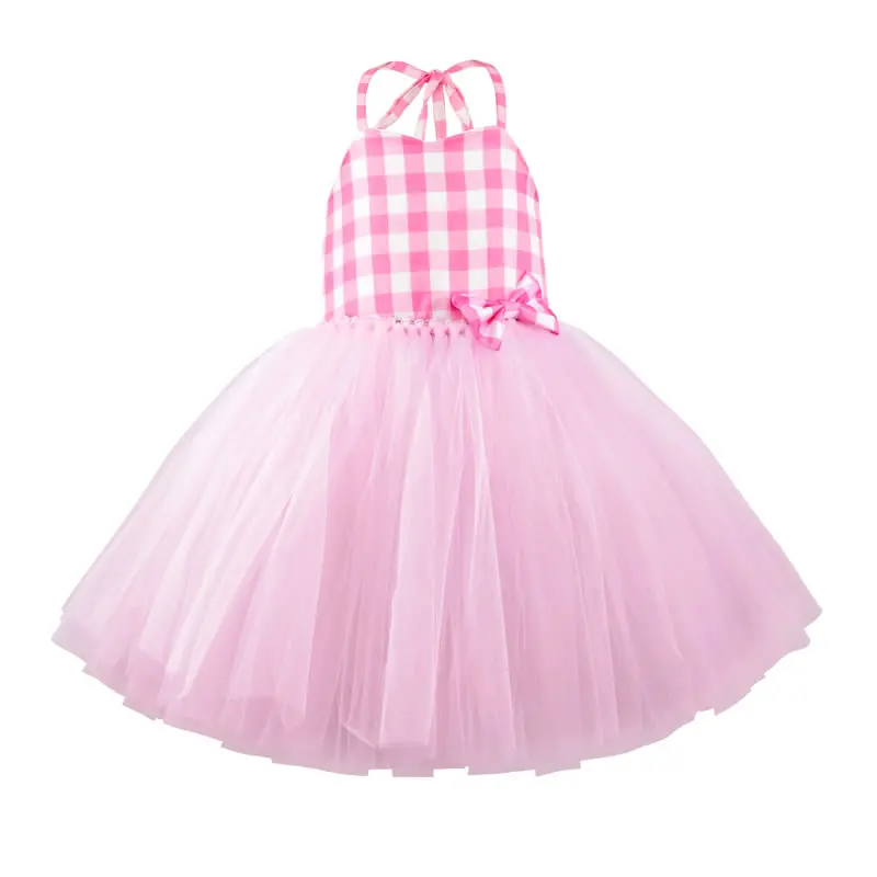 

Barbie Cosplay Costume For Baby Girl Dress Cloth Halloween Kid Sling Plaid Lace Party Tunic+Bow Headband 2PC Set Child Frock