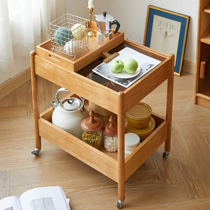 طاولة جانبية متحركة من الخشب الصلب، طاولة قهوة بسيطة، دفع تخزين صغير بعجلات
