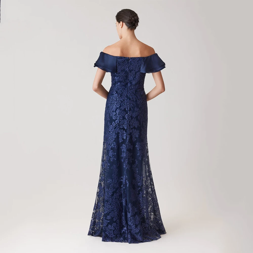 アリア クラシック ブルー イブニング ドレス レース フロアレングス オフショルダー プロムドレス フラウンシング ベスティド デ フィエスタ カスタマイズ