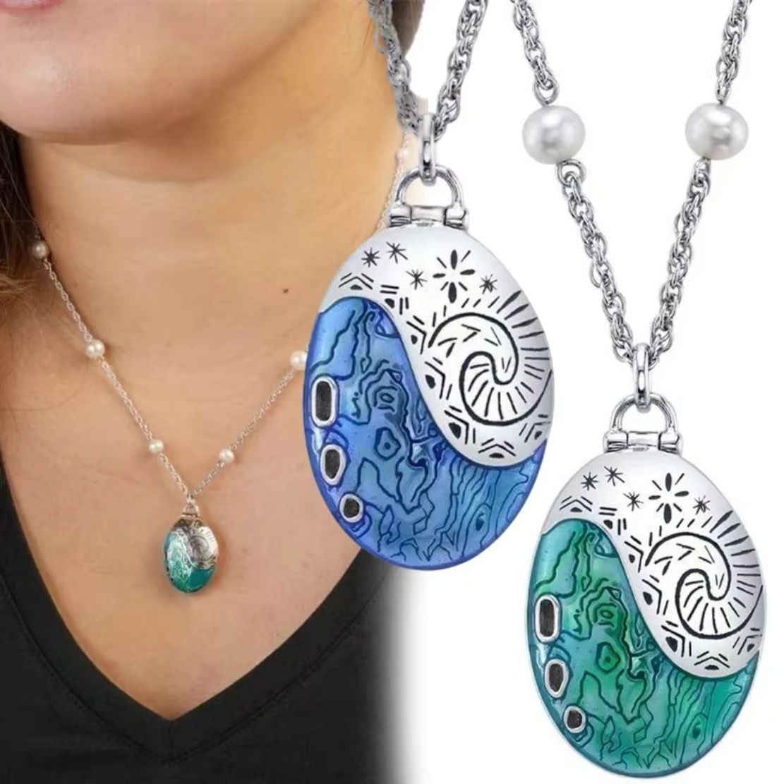 Moana Cosplay Pendant Necklace Openable Enamel Locket Beaded Metal Chain Women Men Anime Ocean Jewelry Party Prop Gift