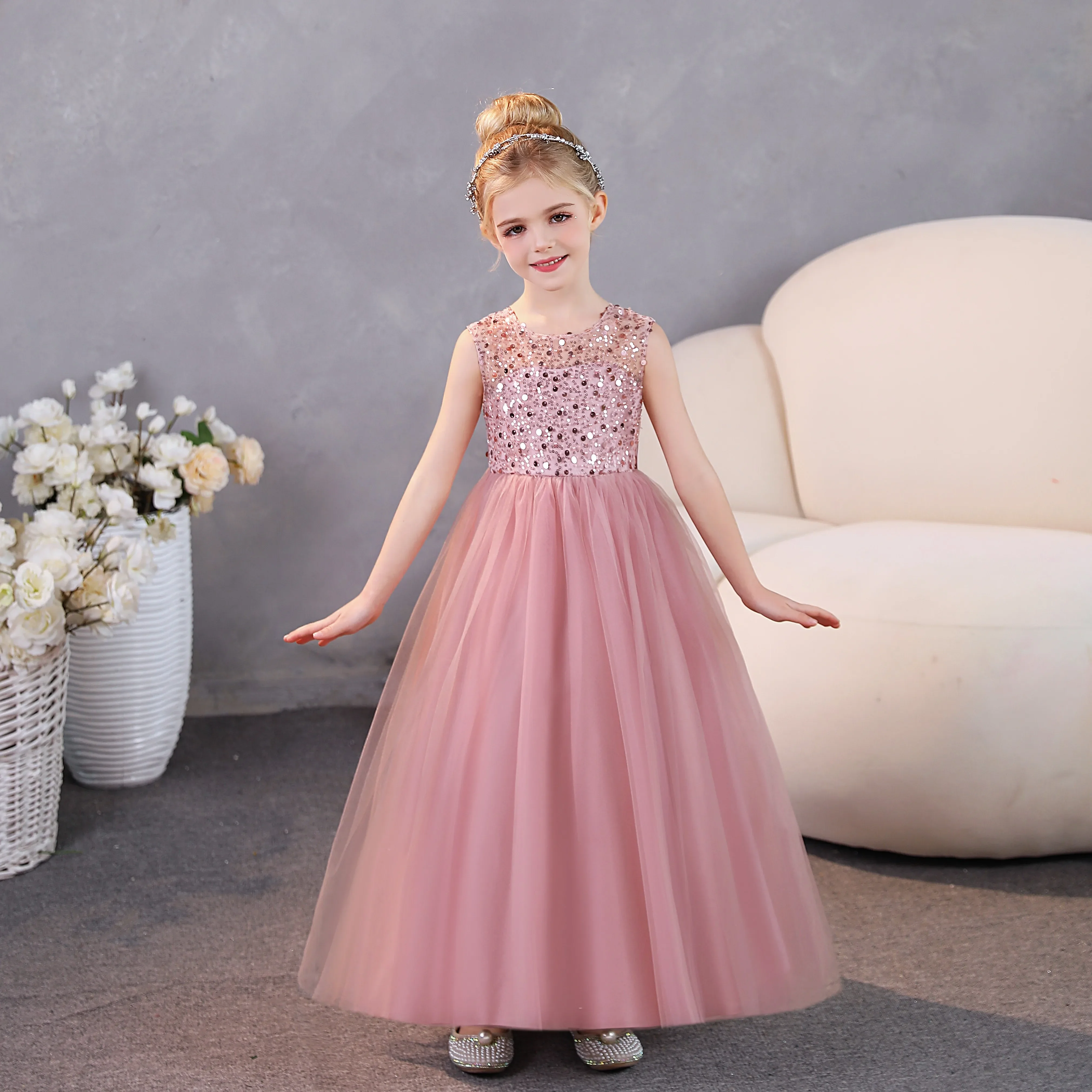 Dusty Rose Flower Girl Dresses for Wedding Puffy Tulle Princess Pageant Ball Gown Kids Birthday First Communion With Bow