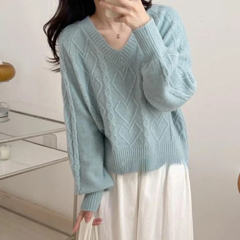 Pullover Frauen V-Ausschnitt Herbst neue gestrickte Vintage solide lässige französische Stil weibliche zarte All-Match lose schicke warme Kleidung ins