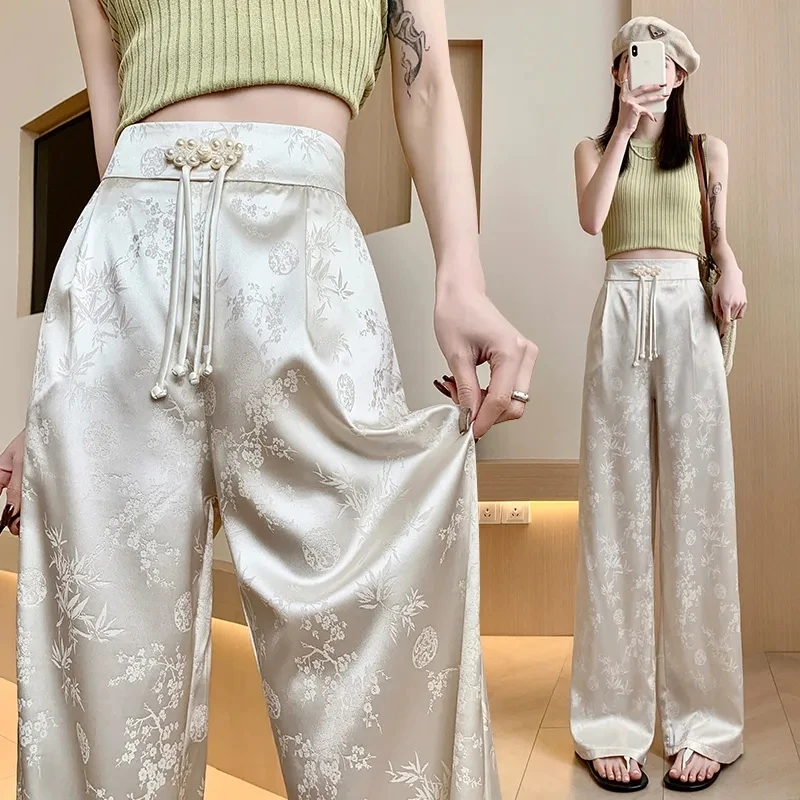 

Female High Waist Straight Leg Jacquard Pant Spring Summer Women Chinese Style Hollow Out Satin Floor Mopping Wide Leg Trousers