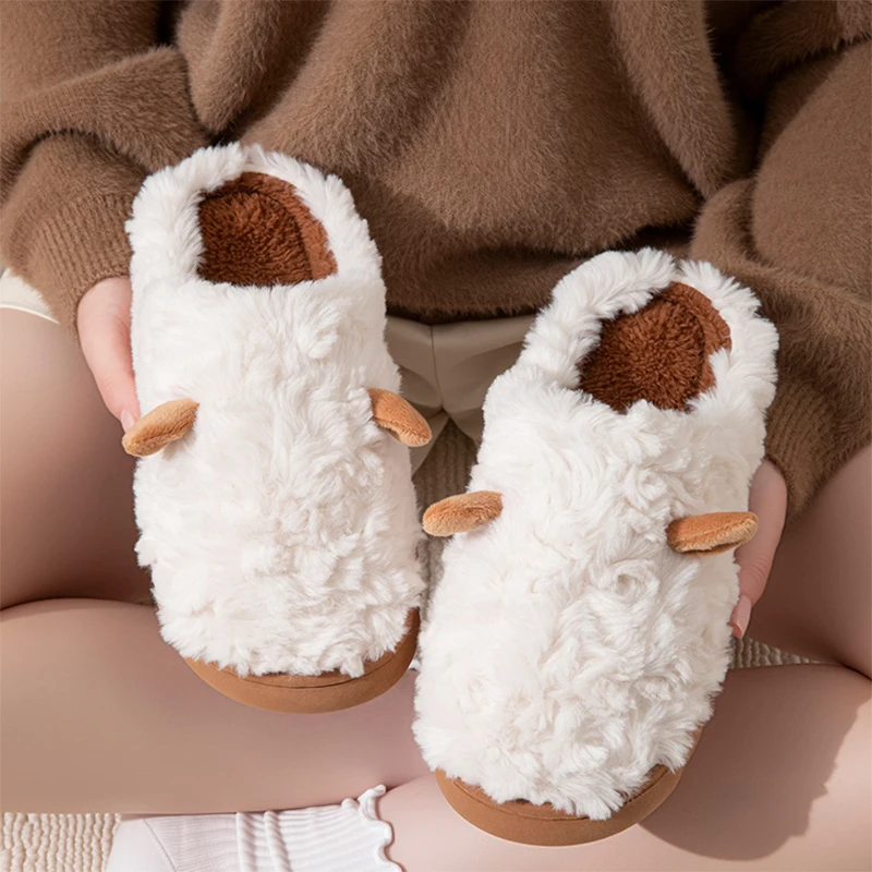 Women's Winter Warm Cartoon Slippers Autumn Plush Fleece Lined Non Slip Shoes Woman Indoor House Thick Sole Furry Slippers Men