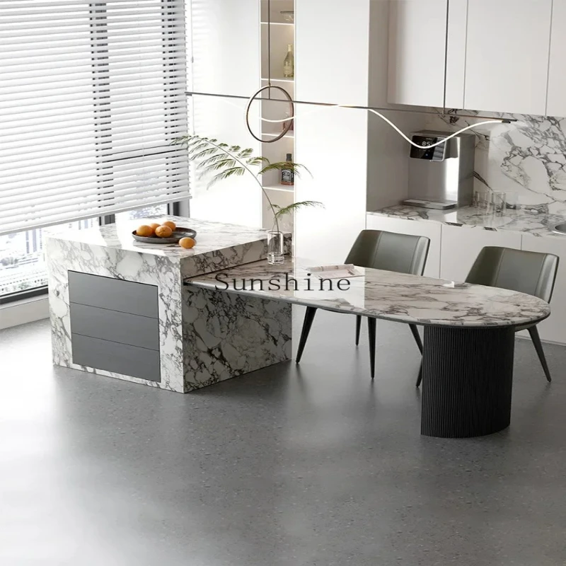 

Rock slab island dining table integrated simple modern retractable French retro style marble table