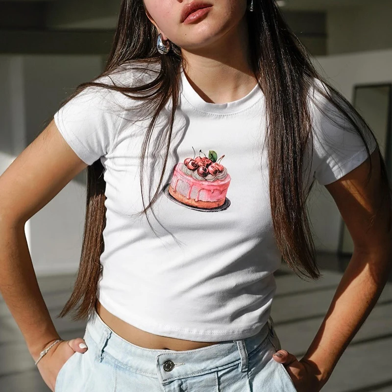 Summer Vintage Teen's Punk Crop Top Y2k Harajuku Baby Tee Streetwear 2000s Hip Pop Sexy Slim Cute Aesthetic Cake Printed T Shirt