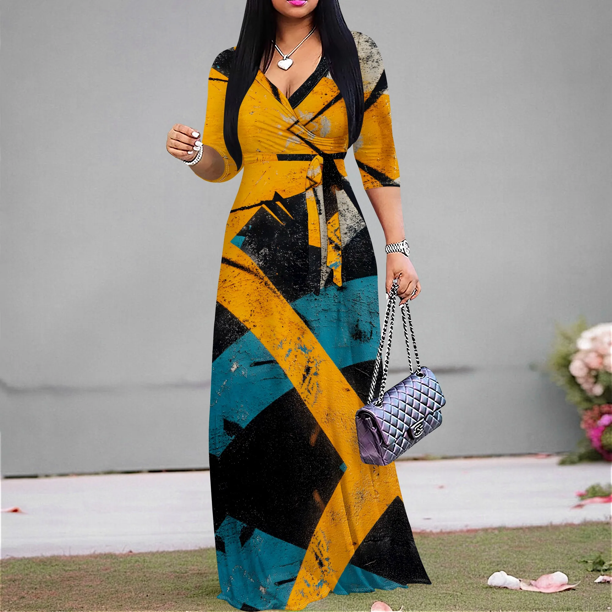 

Elegant Women's V-Neck Maxi Dress 3/4 Sleeve Tie Waist Distressed Abstract Print Long Party Dress