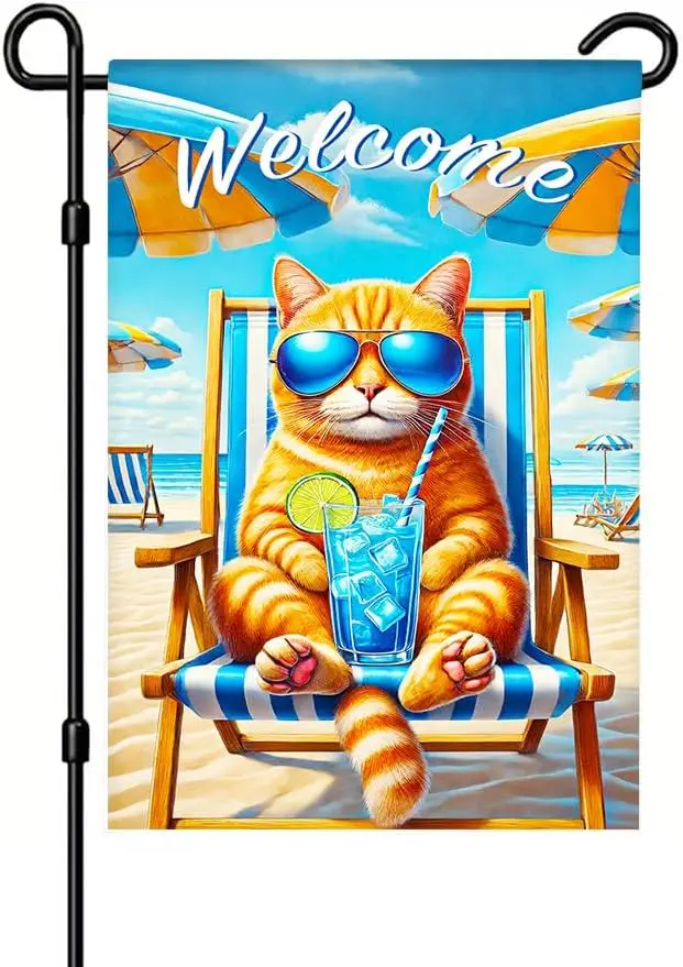 Garden Flag 12x18 Inch Outdoor Yard Banner Featuring Cool Orange Cat in Sunglasses Relaxing on Beach Chair with Blue Drink a zzo