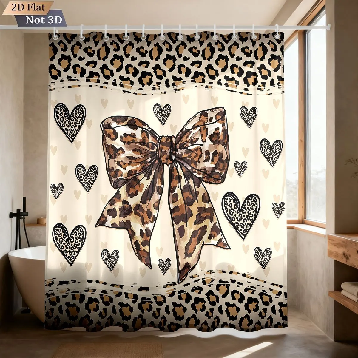 Sweet Coquette Style Leopard Bow With Leopard Hearts On Light Cream Base Bath curtain, Cozy Soft Warm 