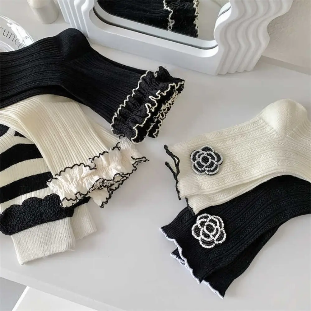 Breathable Autumn Frilly Cute Flower Sweet Trendy Women Camellia Socks Korean Style Socks Middle Tube Cotton Hosiery