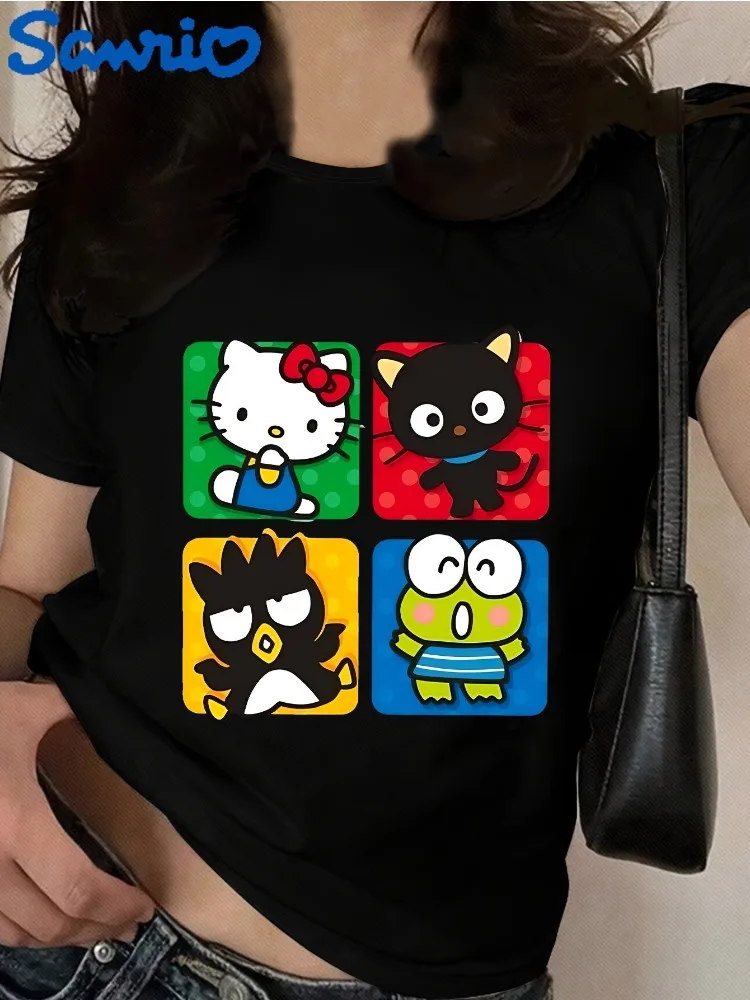 Sanrio 헬로 키티와 친구들 여성 캐주얼 반팔 티셔츠 귀여운 만화 프린트 라운드 넥 탑 편안한 일상복