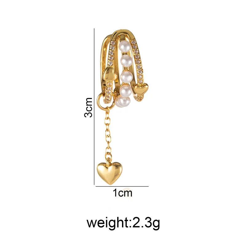 Triple Layer Pearl Crystal Ear Cuff Heart Charm Dangle Gold Tone Wrap Earring - view 4