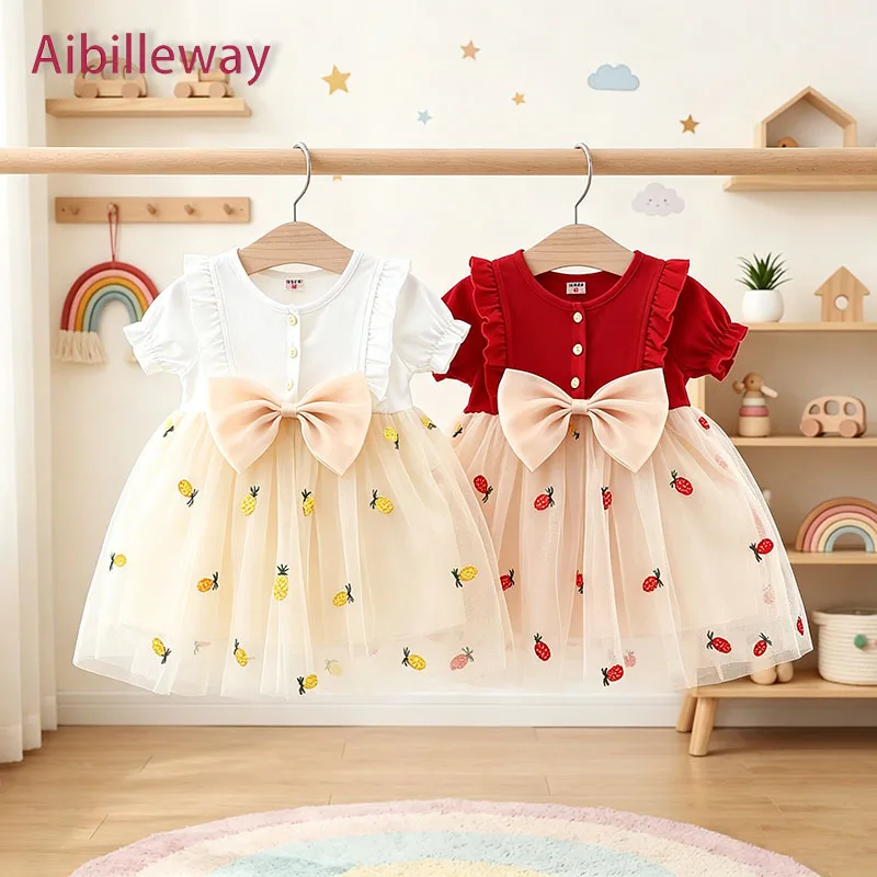 Children Cute Fruit Embroidered Mesh Princess Dress Girls Short Puff Sleeve Large Bow Clothing Summer Baby Kids Party Costume