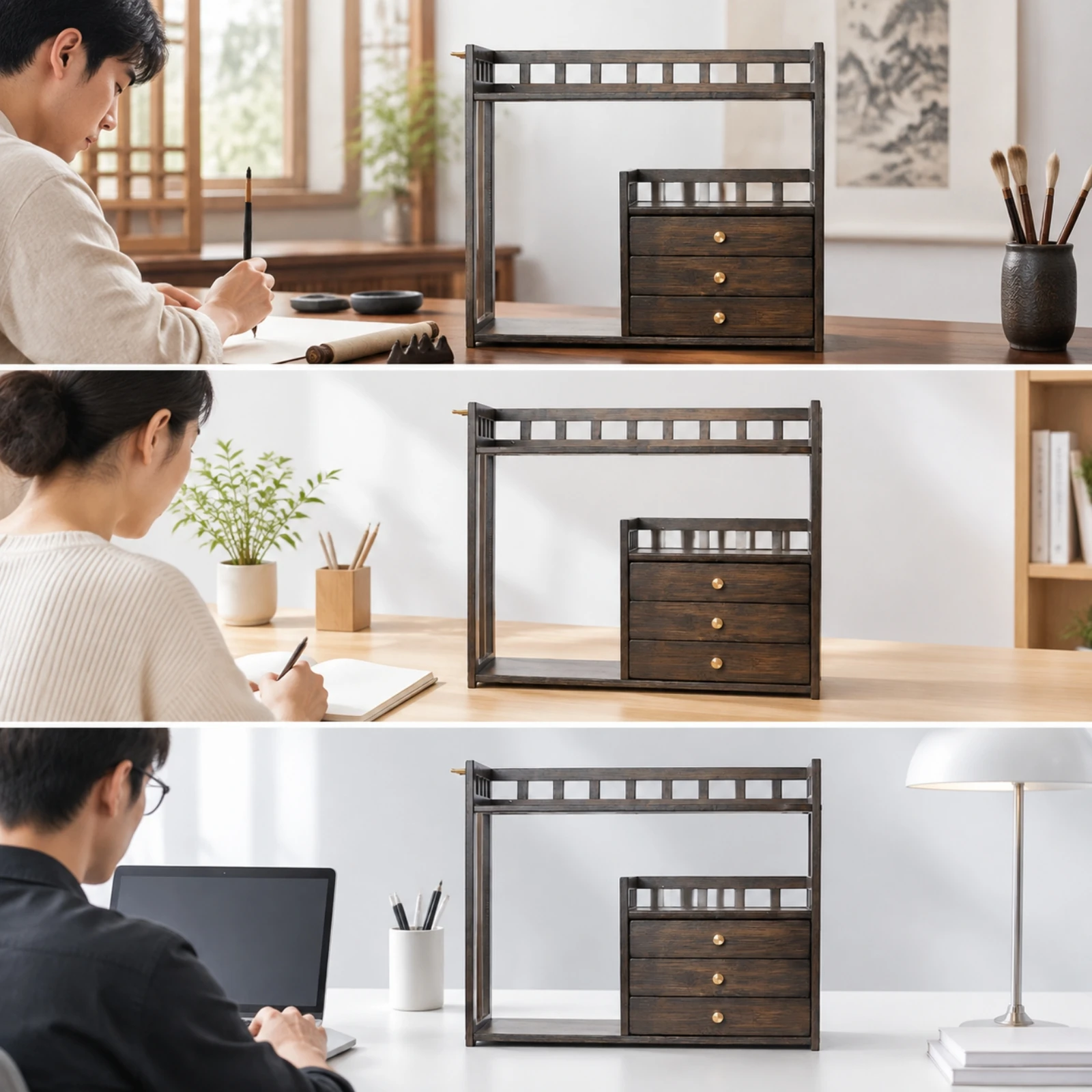 Desktop Calligraphy Organizer Freestanding Bamboo Calligraphy Storage Rack Desktop Writing Brush Rack Wooden for Calligraphers