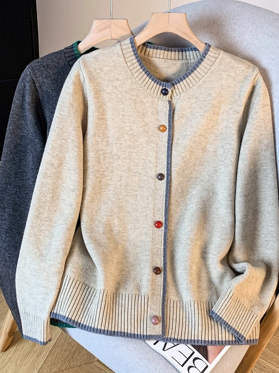 

Retro Color Blo round Ne Knitted Open Cardigan Women's Autumn Winter Loose Casual Sli Button Warm Versatile Sweater