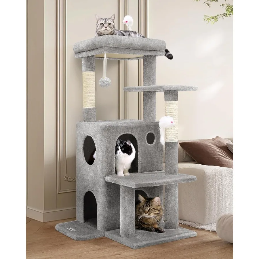 

50-inch Cat Tree Tower for Indoor Cats with Steps Scratching Post 2 Cat Caves Dangling Toys Light Grey Suitable for Large Adult
