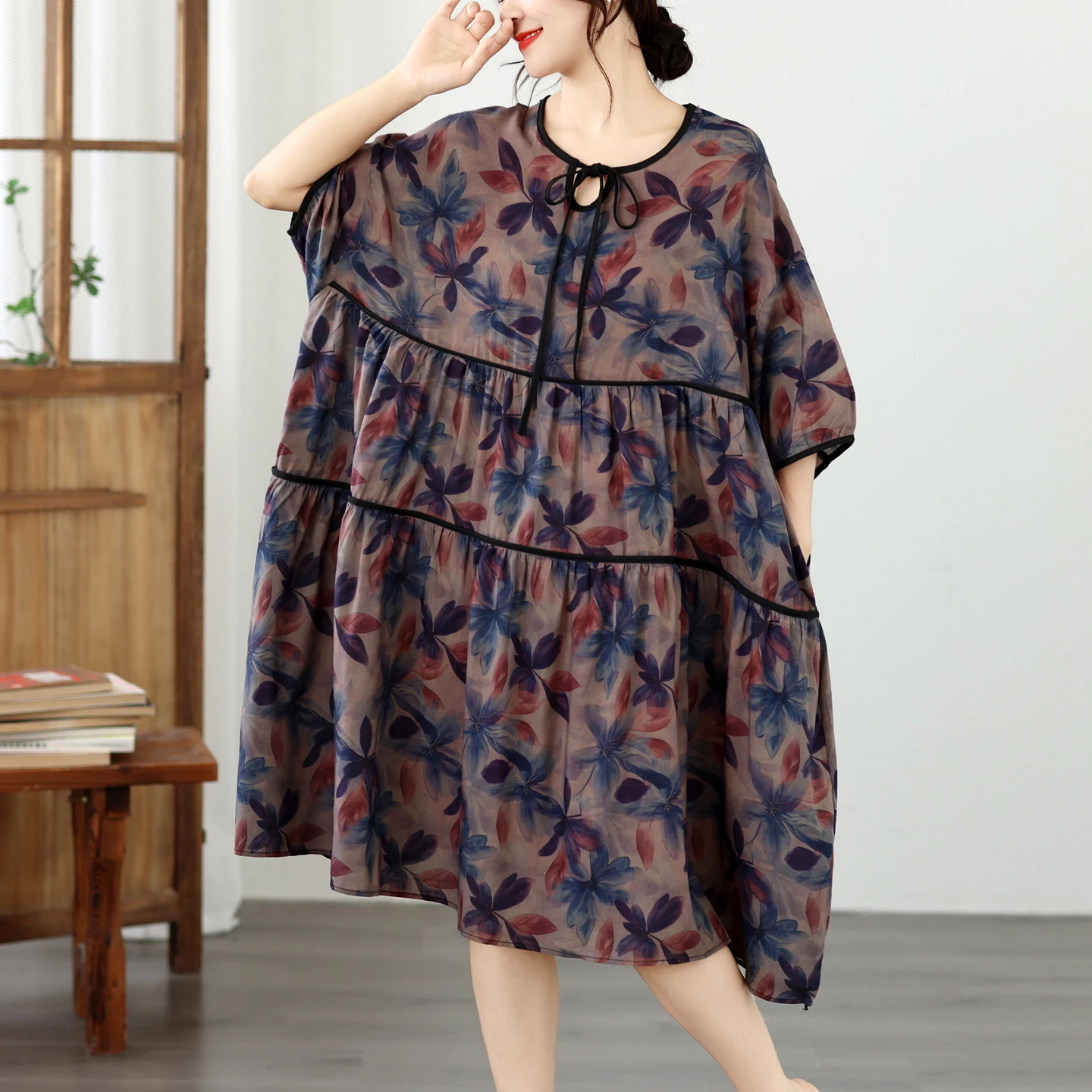 Summer New plus Size Printed Dress Necktie Loose Slimming Versatile Women's Dress Artistic Style High Waist Cotton Blend