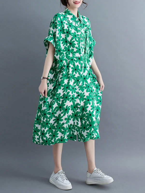 Slimming Floral Print irt Dr Women's Summer New Loose plus Size Big MM Slimming A-Line Dr Vintage Sle mid Waist