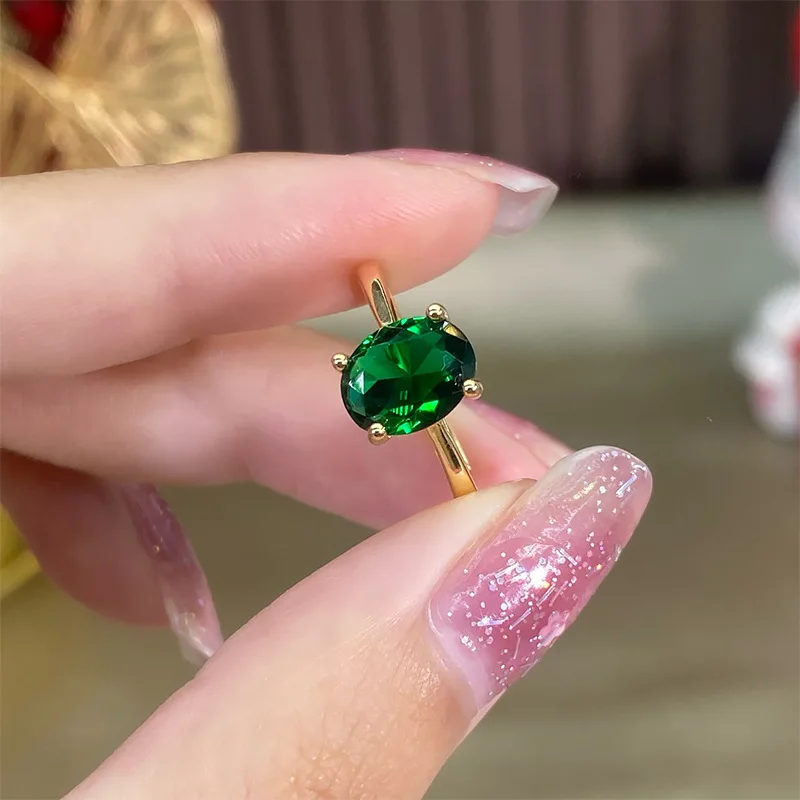 Delicate Oval Green Stone Stacking Thin Rings For Women Gold Color Minimalist Zircon Adjustable Wedding Bands Finger Jewelry