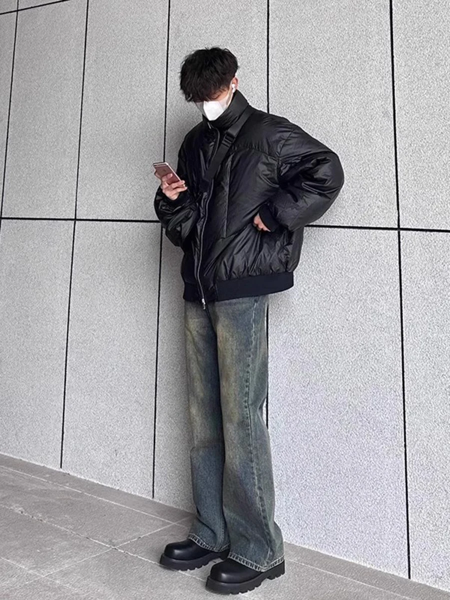 

Мужские джинсы в американском ретро-стиле, осенне-зимние, с эффектом потертости, слегка расклешенные, прямого кроя, облегающие, стройнящие брюки