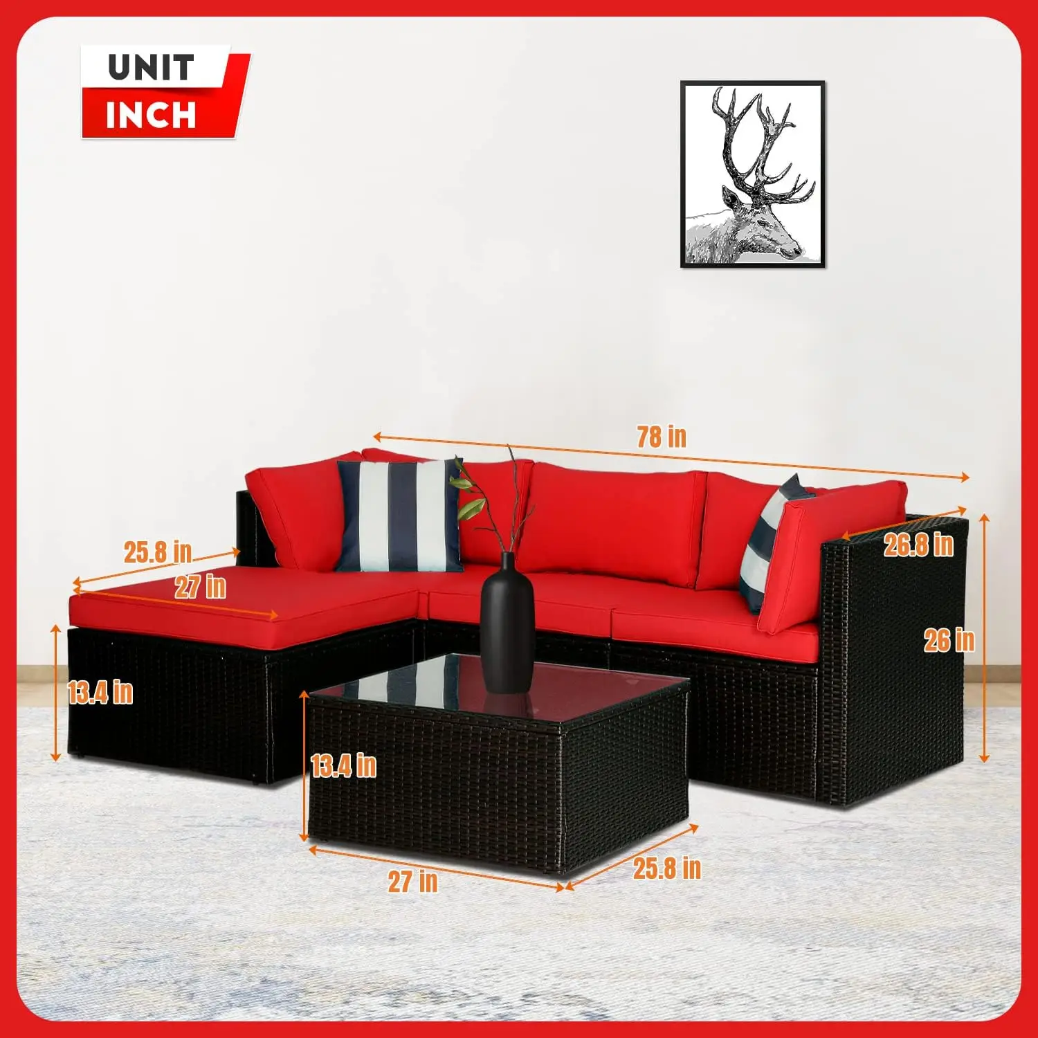 5 Pieces Rattan Patio Furniture Sets All Weather Wicker Sectional Sofa Modular Outdoor Conversation Sofa Set