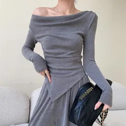 Knitted Fashion Set Women'S 2023 Autumn/Winter Design Irregular Off Shoulder Long Sleeve Top+Elastic High Waist Wide Leg Pants