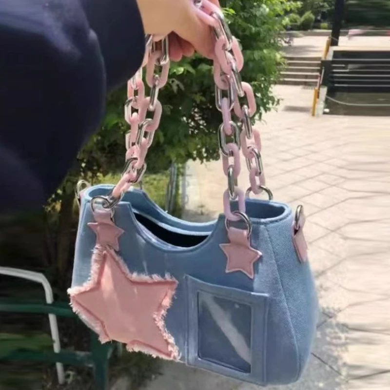 Y2K Vintage coreano moda spalla ascellare Harajuku Star Tote borsa in Denim catena borse da donna borse con cerniera borse Patchwork borse da donna