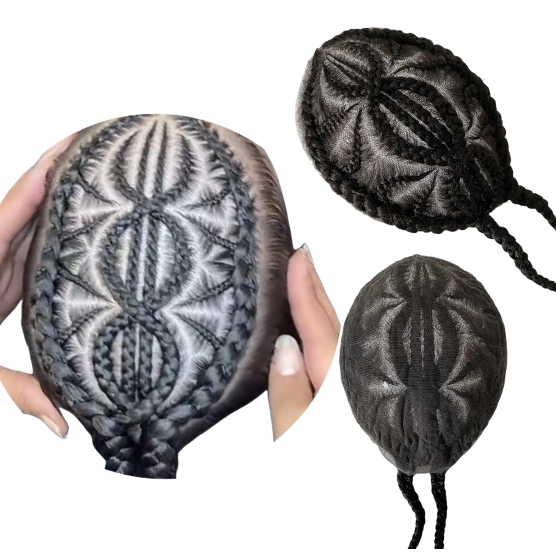 

Indian Virgin Human Hair System Double 8 Afro Corn Braids Toupee 8x10 Full Lace Topper for Black Man