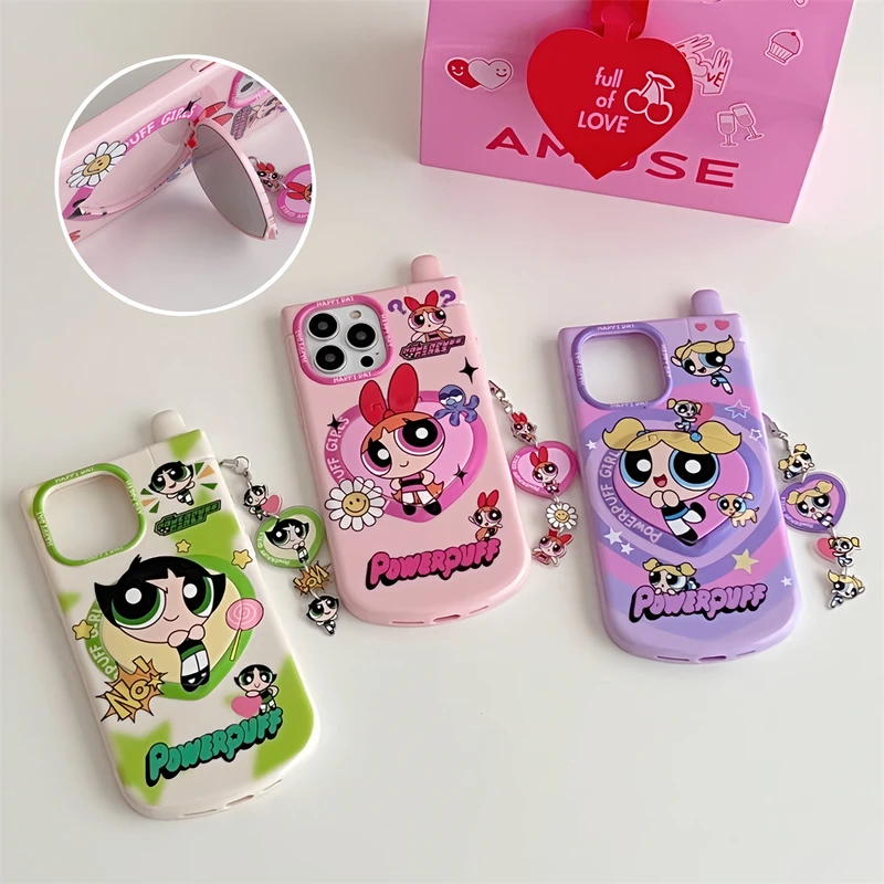 3D Cute Cartoon The Powerpuff Girls Hide Makeup Mirror Phone Case For iPhone 15 14 13 12 11 Pro Max Soft TPU Cover With Lanyard