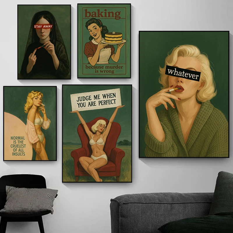 Retro Green Background Feminist Female Portrait Funny Quotes Abstract Poster Canvas Paintings Wall Art Pictures Home Decor