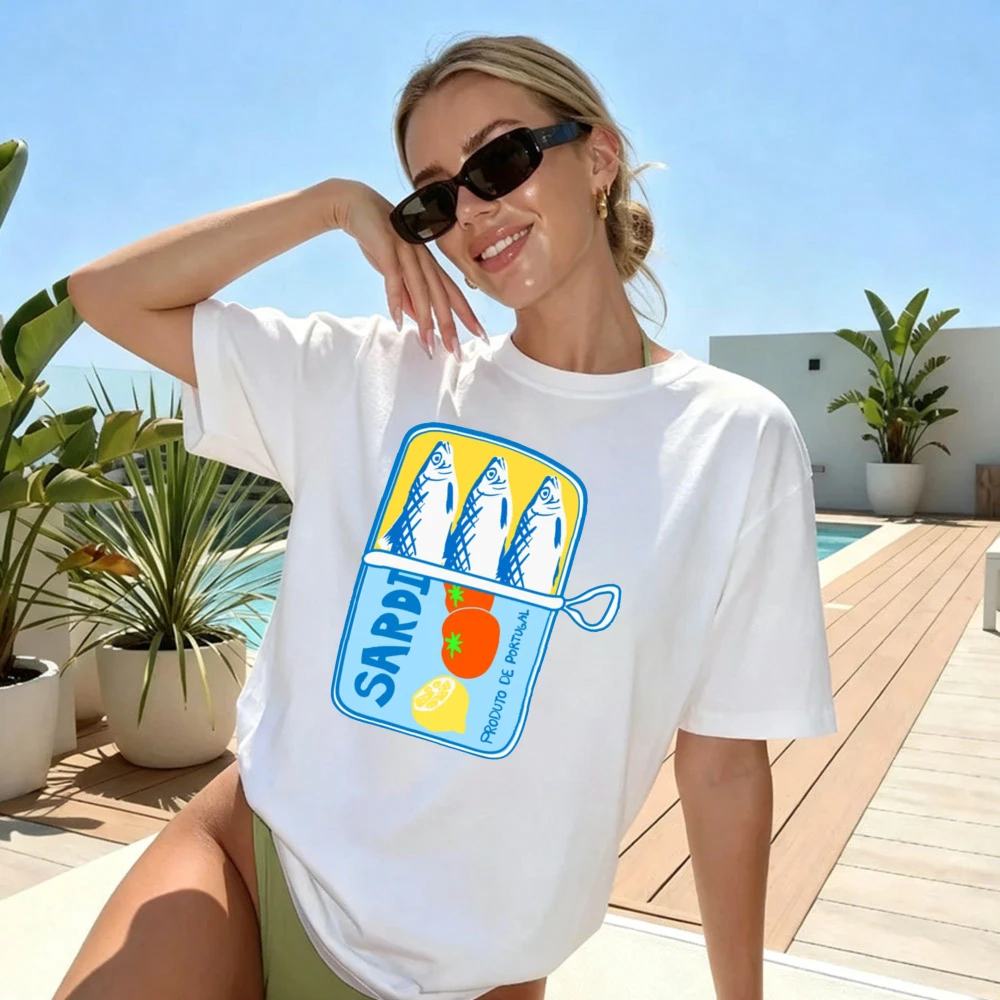 Sardine Can Design Women T-Shirt Casual Summer Short Sleeve Cotton Fashion Top Beach Vacation Gift For Her