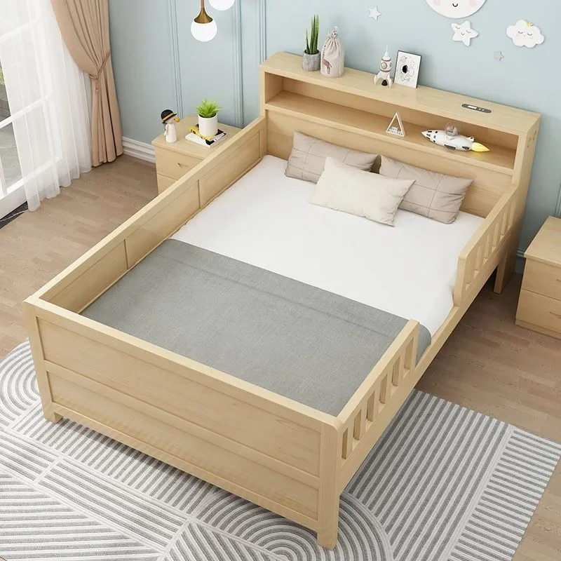 Children's solid wood bed with guardrail, drop-proof crib