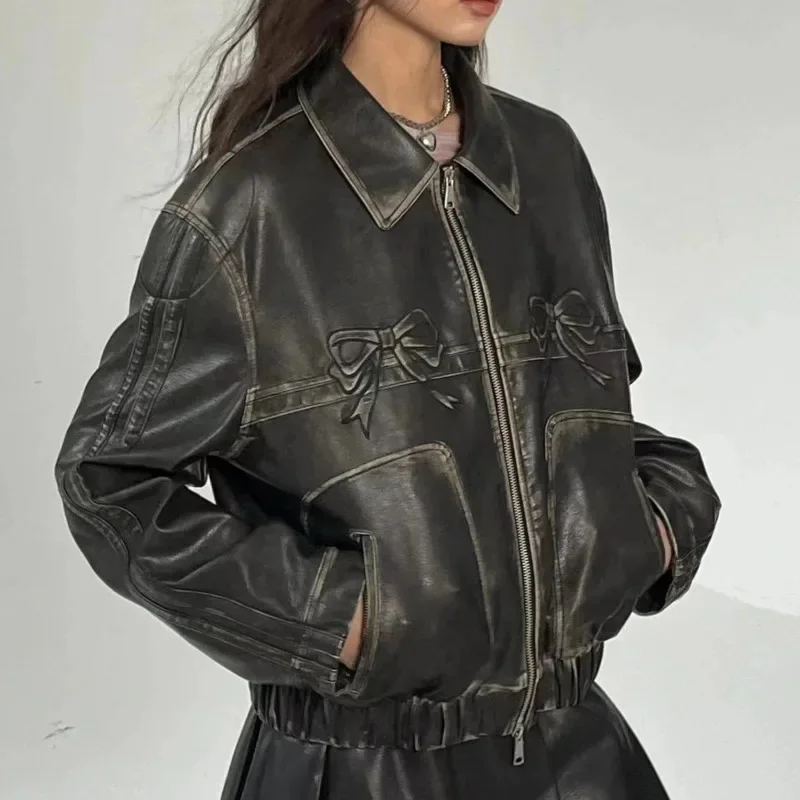 Y2k Motorcycle Bow PU Leather Jackets High Street Zipper Oversized Coats Vintage Jackets Female Casual Women\'s Clothing