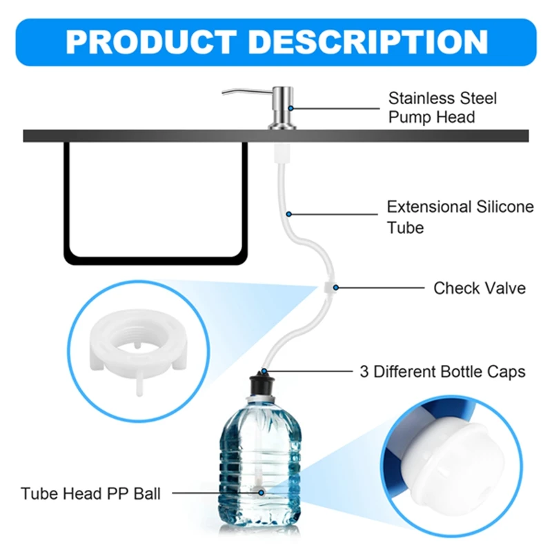 B62B-Soap Dispenser For Kitchen Sink Built In Countertop Soap Dispenser Pump Head With 46 Inch Extension Tube Kit (Silver)