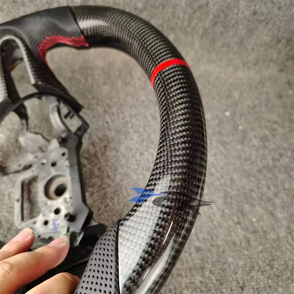 맞춤형 천공 가죽 탄소 섬유 스티어링 휠 레드 센터 스트립, 재즈 2009-2014 재생 자동차 액세서리