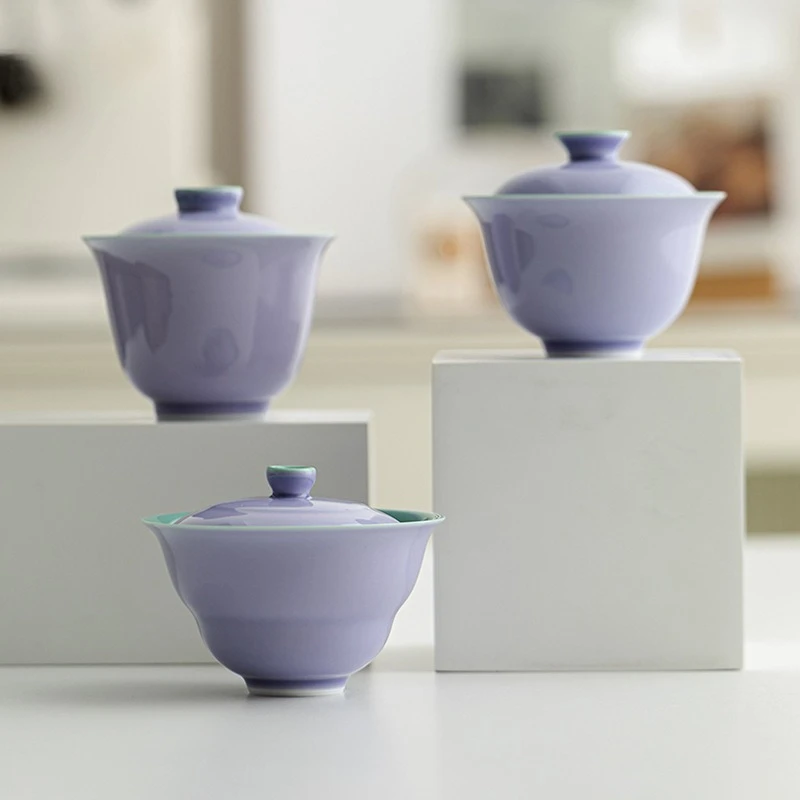 Purple Thin Body Ceramic Gaiwan Inner Turquoise Glaze Tea Bowl For Brewing Tea Home Kung Fu Tea Ceremony Table Accessory Decor