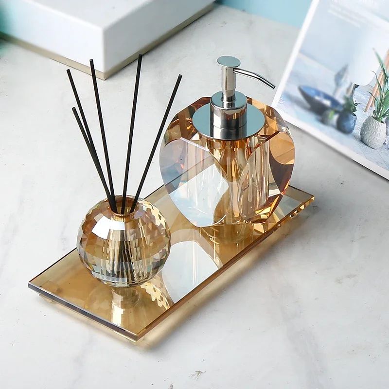 Amber Crystal Glass Lotion Bottle Aromatherapy Jar Bathroom Accessories Hotel Deluxe Press Soap Dispenser Empty Bottle Tray Set