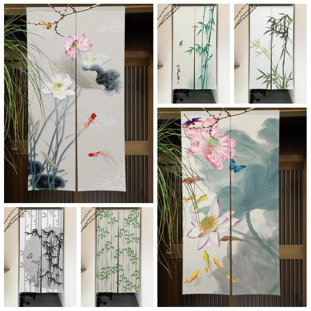 Japanese Noren Door Curtain Lotus Koi Fish Bamboo Pattern for Zen Room Tea House Entrance Decor Bedroom Partition Door Curtains