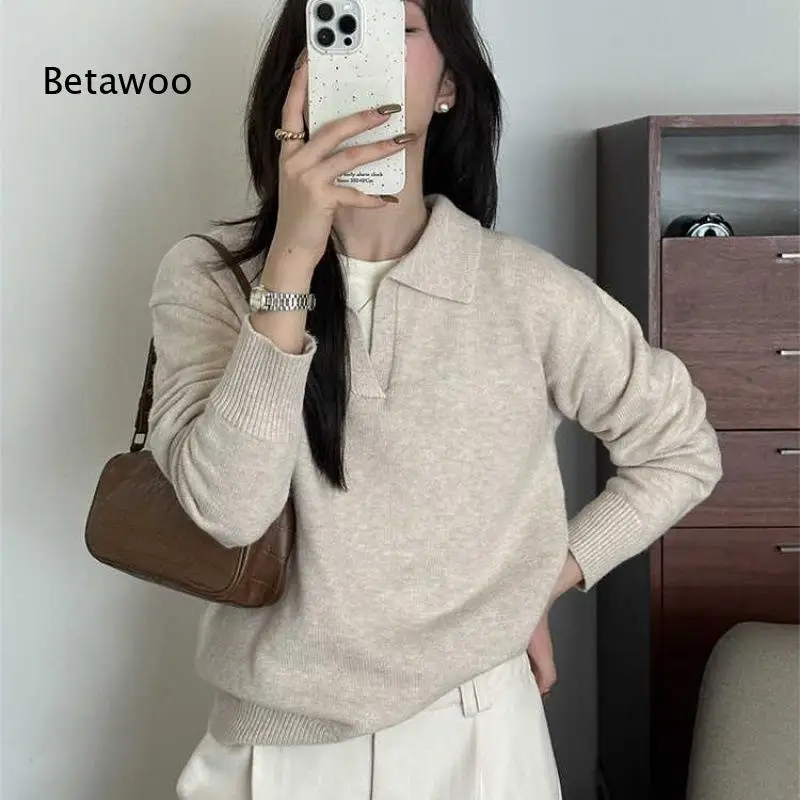 Women's Polo Collar Long Sleeve Knit Top Solid Color Casual Loose Fit Sweater for Autumn Winter Daily Wear and Layering
