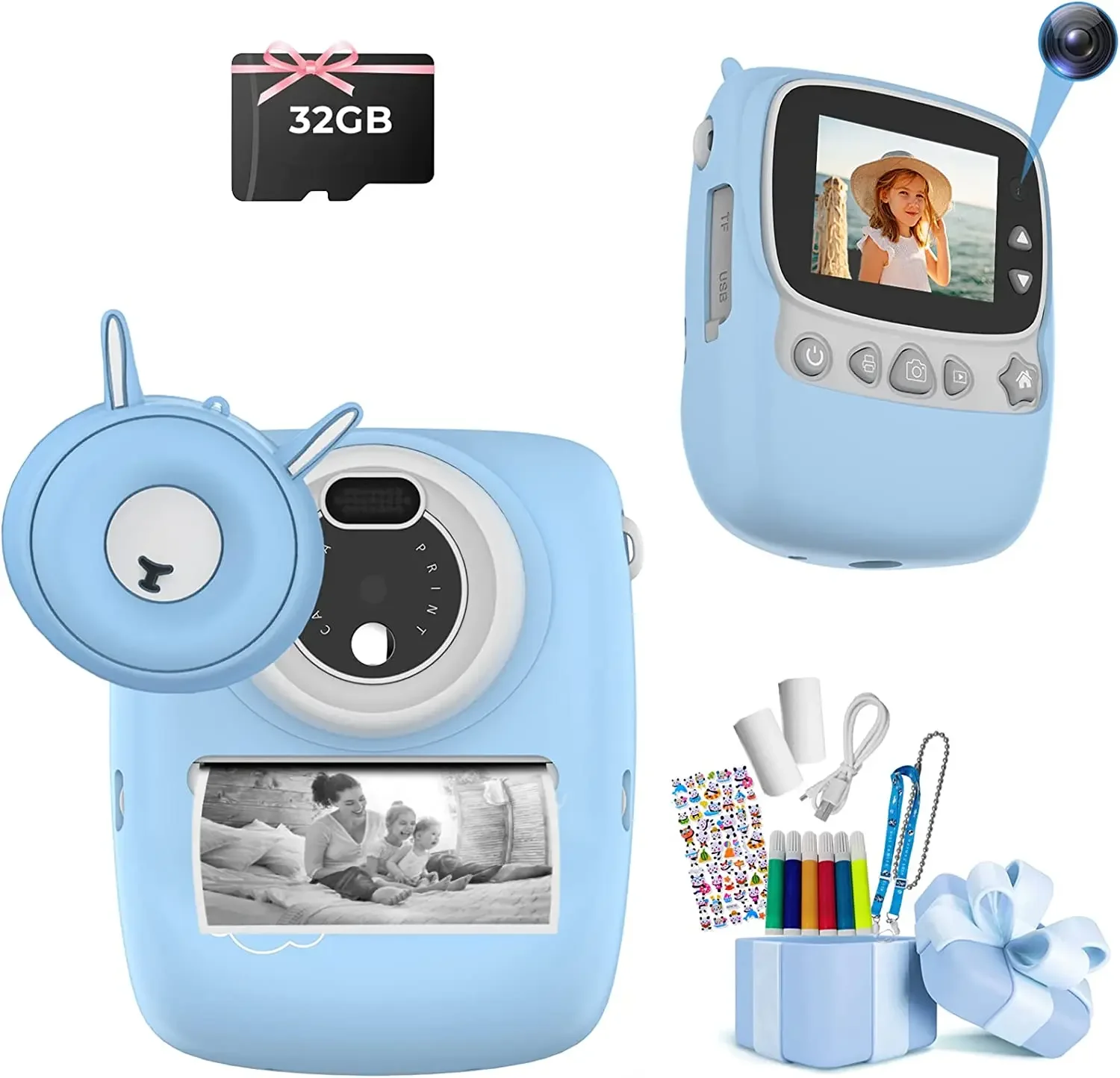 Appareil photo numérique instantané pour enfants, appareil photo selfie, 30MP, WiFi 1080P, 2.4 pouces, carte TF 32 Go, cadeau pour garçons et filles, bleu