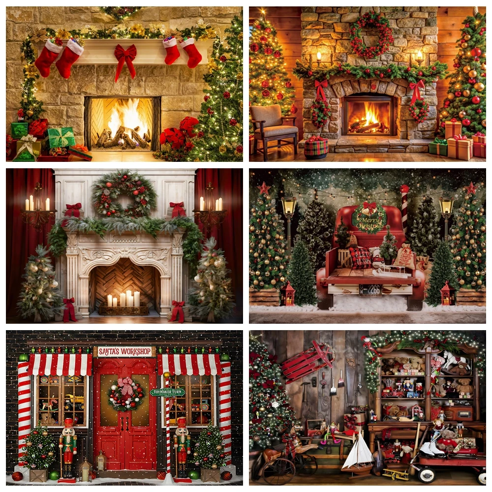 

Christmas Backdrop Old Brick Fireplace Interior Xmas Tree Gifts Toy Bear Kids Portrait Christmas Photography Background Decor