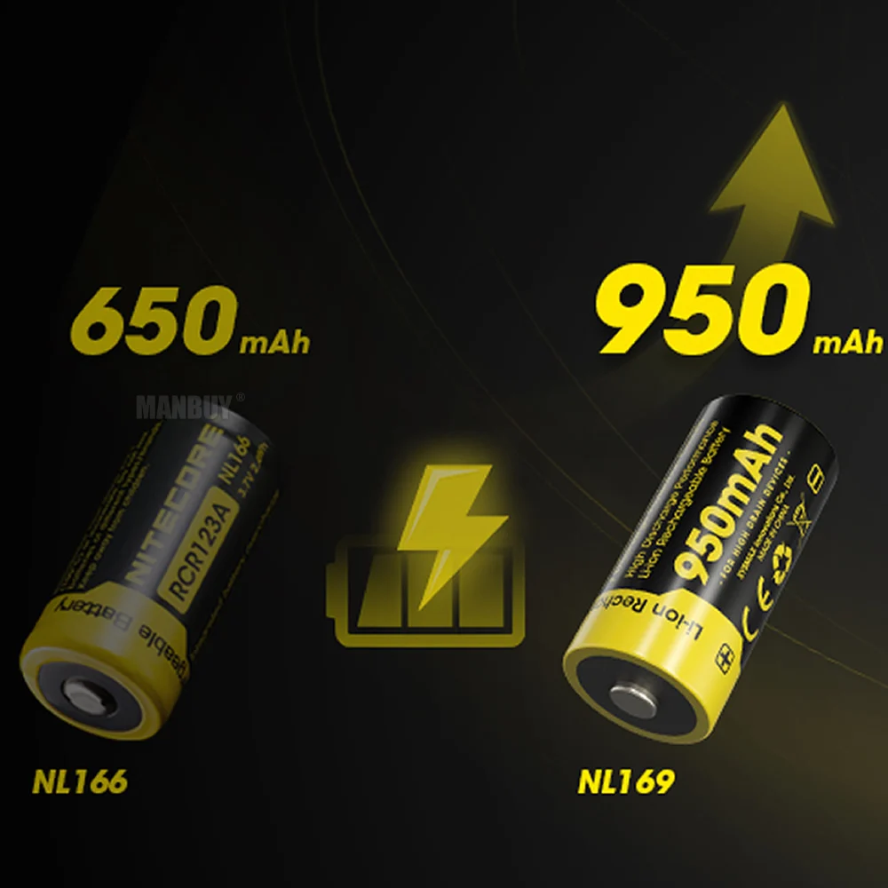 Imagem -06 - Nitecore-bateria Recarregável do Li-íon do Lítio Lanterna Protegida Presente Livre Rcr123a 16340 18350 Nl169 3.6v 3.42wh 950mah Peças